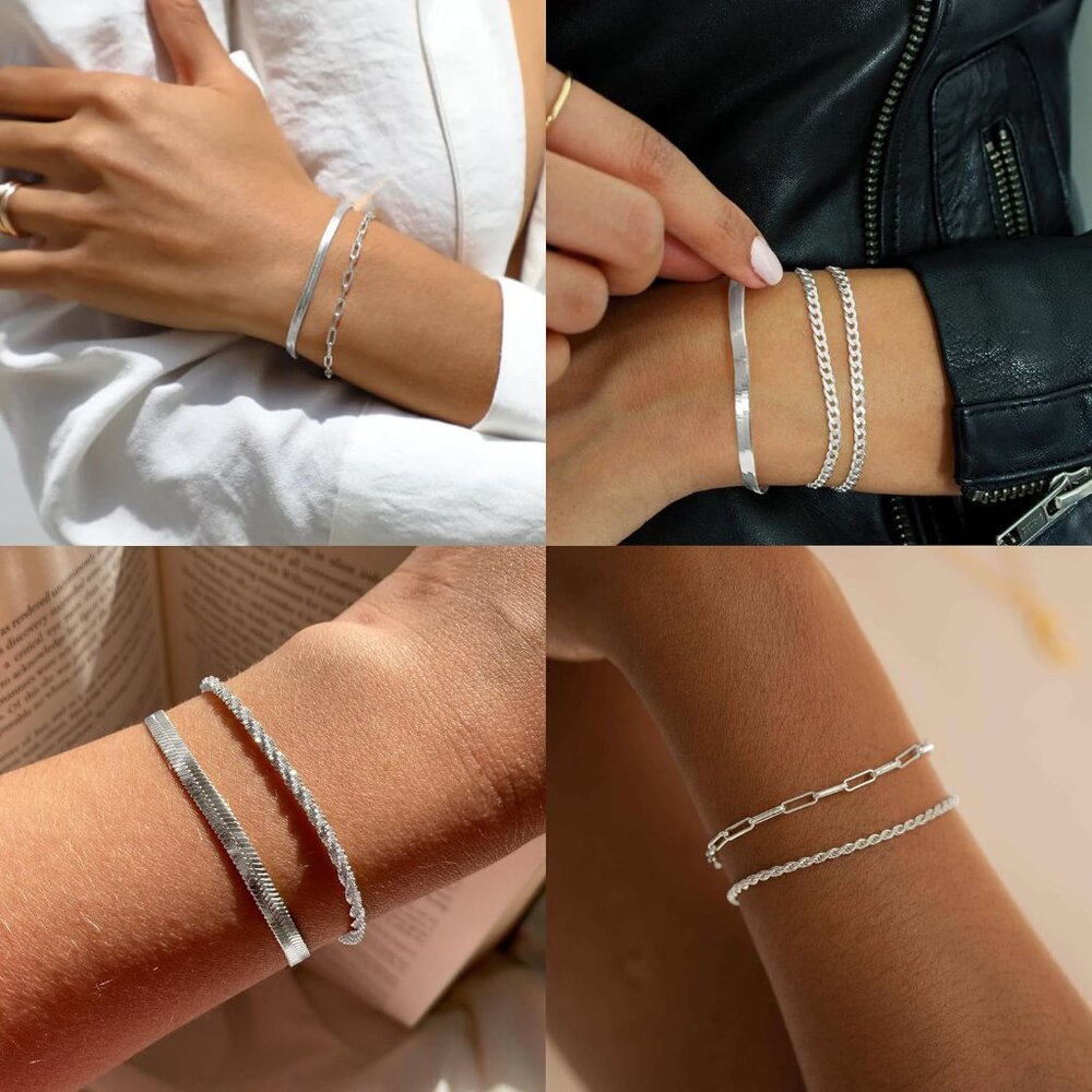 Bracelets Stack Silver Plated Chain Bracelet Set … - image 3